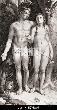 Adam and Eve in the Garden of Eden, after a 17th century engraving. Stock Photo