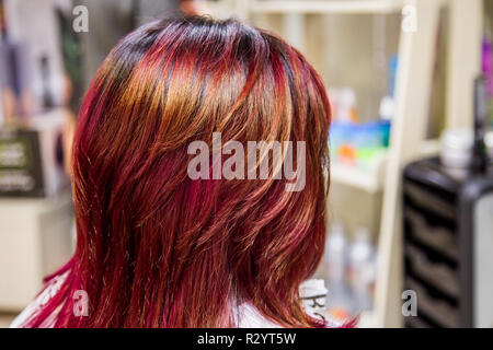 Professional hairdresser dyeing hair. Multicolor Stock Photo