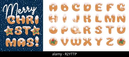 Handmade Christmas gingerbread cookies alphabet set. Cartoon style font. Art design letter. Festive lettering greeting card on winter snow background Stock Vector