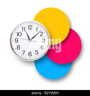 Time punctual second minute hour. Large clock on colorful background isolated on white. The concept of time. Stock Photo