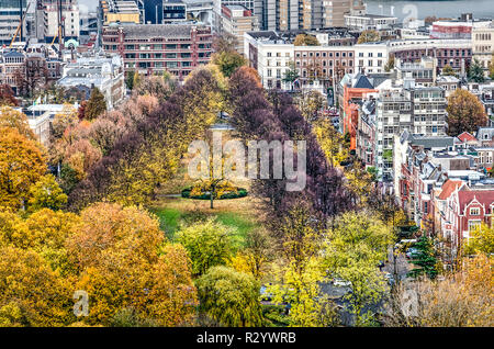 Rotterdam, The Netherlands, November 12, 2018: aerial view of Parklaan in autumn colors surrounded by the historic Scheepvaartkwartier neighbourhood Stock Photo