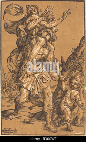 Aeneas Saving His Father from Troy. Dimensions: image: 34.8 x 21.8 cm (13 11/16 x 8 9/16 in.)  sheet: 36.5 x 23.5 cm (14 3/8 x 9 1/4 in.). Medium: chiaroscuro woodcut printed from two blocks in tan and black. Museum: National Gallery of Art, Washington DC. Author: Ludwig Büsinck after Georges Lallemand. Stock Photo