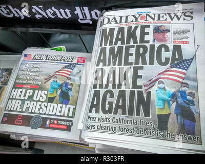 Headlines of the New York Post and Daily News newspapers on Sunday, November1 8, 2018 use the same photograph in their report on the previous days' visit by President Donald Trump to the scene of the Camp Fire in California and his comments afterward. (Â© Richard B. Levine) Stock Photo