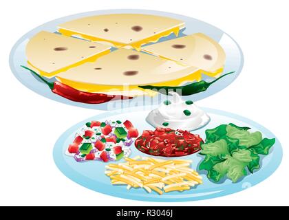 Vector illustration of cheese quesadillas with toppings including shredded cheese, sour cream, salsa, and pico de Gallo. Stock Vector
