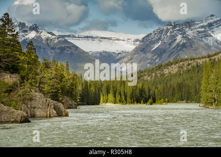 BANFF, AB, CANADA - JUNE 2018: Landscape view of the Bow River, which flows through Banff, with high snow capped mountains in the background. Stock Photo