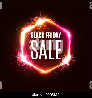 Black Friday neon sign. Banner with explosion effect. Discount card. Black Friday sale design with stars, burst of particles and fireworks on hexagon background. Light frame. Color vector illustration Stock Vector
