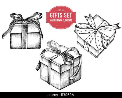 Vector collection of hand drawn black and white gift boxes Stock Vector