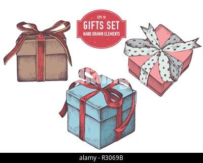 Vector collection of hand drawn colored  gift boxes Stock Vector