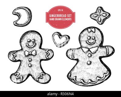 Vector collection of hand drawn black and white gingerbread, gingerbread men Stock Vector