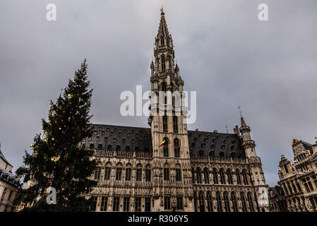 Christmas market with typical pine tree at the main market square Grand place Stock Photo