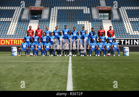 GHENT, BELGIUM - JULY 16 :  (Back row L-R) : Yannick Thoelen, Anthony Swolfs, Nicolas Raskin, Siebe Horemans, Roman Yaremchuk, Giorgi Chakvetadze, Thibault De Smet, Giorgi Beridze, Jari De Busser, Colin Coosemans.  (Middle row) : David Jonathan, Mamadou Sylla, Birger Verstraete, Thomas Foket, Anderson Esiti, Renato Neto, Sigurd Rosted, Igor Plastun, Samuel Kalu, Peter Olayinka, Stallone Limbombe.  (Front row) : Ofir Davidzada, Aboubakary Koita, Brecht Dejaegere, Moses Simon, Stijn Matthys (Assistant coach), Peter Balette (Assistant coach), Yves Vanderhaeghe (Head coach), Francky Vandendriessch Stock Photo