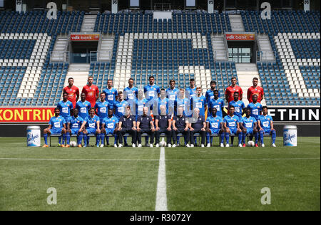 GHENT, BELGIUM - JULY 16 :  (Back row L-R) : Yannick Thoelen, Anthony Swolfs, Nicolas Raskin, Siebe Horemans, Roman Yaremchuk, Giorgi Chakvetadze, Thibault De Smet, Giorgi Beridze, Jari De Busser, Colin Coosemans.  (Middle row) : David Jonathan, Mamadou Sylla, Birger Verstraete, Thomas Foket, Anderson Esiti, Renato Neto, Sigurd Rosted, Igor Plastun, Samuel Kalu, Peter Olayinka, Stallone Limbombe.  (Front row) : Ofir Davidzada, Aboubakary Koita, Brecht Dejaegere, Moses Simon, Stijn Matthys (Assistant coach), Peter Balette (Assistant coach), Yves Vanderhaeghe (Head coach), Francky Vandendriessch Stock Photo