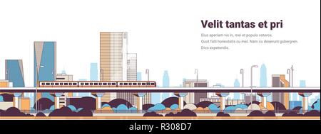 subway train over modern city panorama high skyscrapers cityscape background horizontal banner line copy space Stock Vector