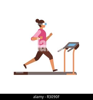 sport woman wear vr glasses running on treadmill girl cardio training concept fitness lady workout simulator isolated flat Stock Vector