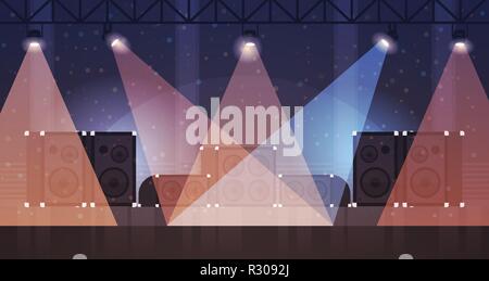 free stage with light effects disco dance studio laser rays musical equipment multimedia speaker flat horizontal Stock Vector