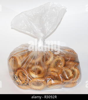 Crackers in a plastic bag.Good food for tea. Stock Photo