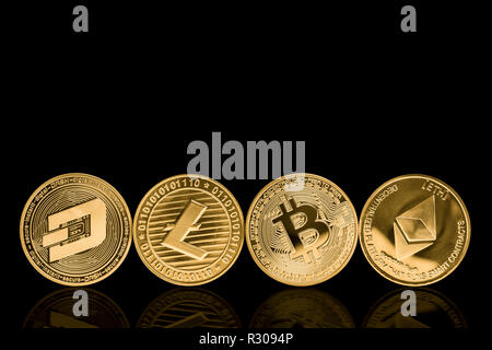 Gold Dash Coins On A Golden Background. Trading On The Cryptocurrency 