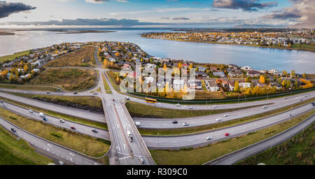 Aerial -  Gardabaer and Kopavogur, suburbs of Reykjavik, Iceland. This image is shot using a drone Stock Photo