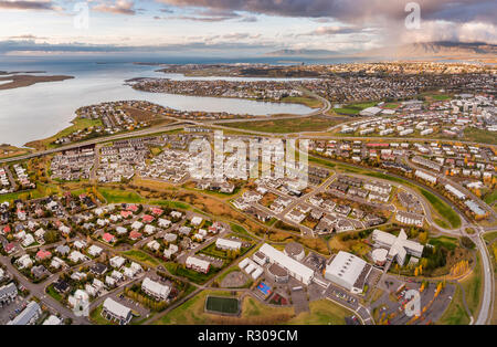 Aerial -  Gardabaer and Kopavogur, suburbs of Reykjavik, Iceland. This image is shot using a drone Stock Photo