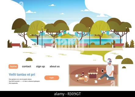 man wear digital glasses having picnic in city urban park virtual reality vr vision headset innovation concept flat horizontal copy space Stock Vector