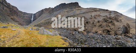 Hengifoss Waterfalls, Fljotsdalur valley, Eastern Iceland. This image is shot using a drone. Stock Photo