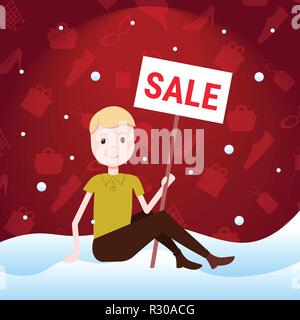 man sitting on snow holding sale board special offer discount promotion concept flat Stock Vector