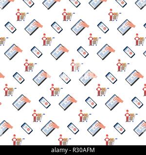 shopping icons seamless pattern online mobile computer application delivery service white background flat Stock Vector