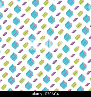 shopping icons seamless pattern colorful gift box present white background flat Stock Vector