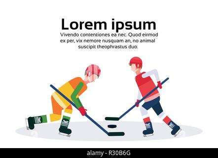 professional ice hockey players holding stick skating with pack championship competition concept male cartoon character full length flat isolated copy space horizontal Stock Vector