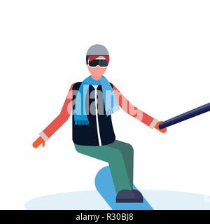 man snowboarder taking selfie by action camera winter vacation activities concept male cartoon character full length isolated flat Stock Vector