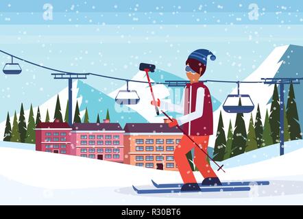 man taking selfie ski resort hotel houses buildings cable car snowy mountains fir tree landscape background winter vacation concept flat horizontal Stock Vector