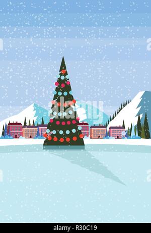 ice skating rink decorated christmas tree ski resort hotel houses buildings snowy mountains landscape background flat winter vacation poster vertical Stock Vector