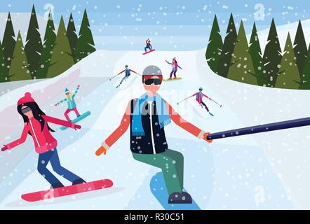 man taking selfie photo snowboarders skiers people sliding down snowy mountain hill fir tree landscape background winter vacation concept flat horizontal Stock Vector