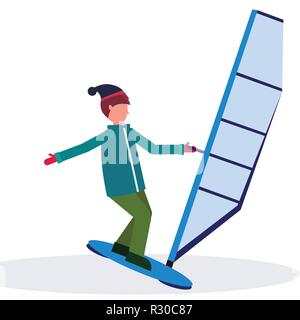 man windboarder holding sail guy windboarding windsurfing on snow concept extreme winter sport male cartoon character full length flat isolated Stock Vector