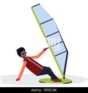 man windboarder holding sail guy windboarding windsurfing on snow concept extreme winter sport male cartoon character full length flat isolated Stock Vector