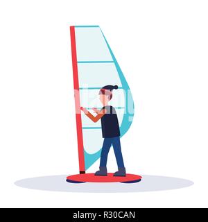 man windboarder holding sail guy windboarding windsurfing on snow concept extreme winter sport male cartoon character full length flat isolated Stock Vector