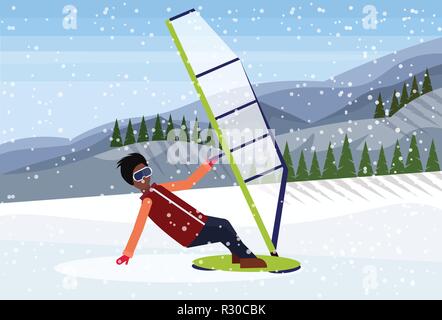man windboarder windsurfing on snow mountains fir tree forest landscape background extreme sport winter vacation concept flat horizontal Stock Vector