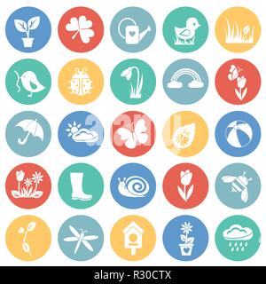 Spring set on color circles background icons Stock Vector
