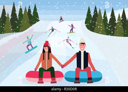 couple sledding on snow rubber tube over snowboarders skiers people sliding down snowy mountain hill fir tree landscape background winter vacation concept flat horizontal Stock Vector