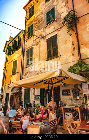 Monterosso, Liguria, Italy - August 09, 2018 - view of a terrace of a restaurant Stock Photo