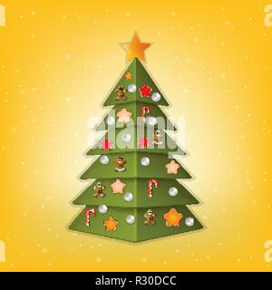 yellow greeting with Christmas tree and decorations Stock Vector