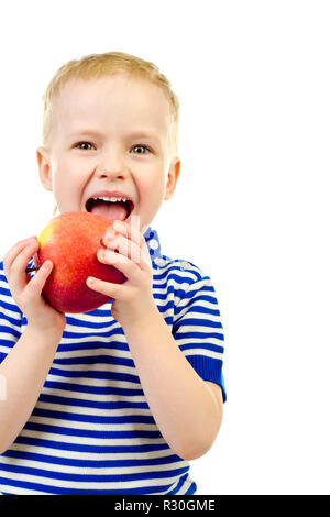 little boy with apple isolated on a white background Stock Photo
