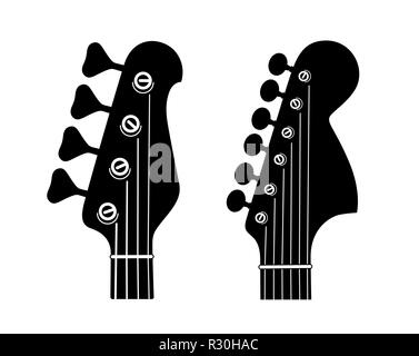 Electric and Bass Guitar Headstock Silhouettes isolated on white background. Stock Vector