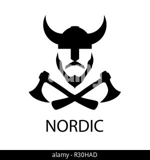Viking in a horned helmet with crossed axes - Silhouette of scandinavian medieval ancient warrior. Stock Vector