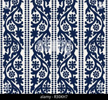 Woodblock printed indigo dye seamless ethnic floral pattern. Traditional oriental ornament of India Kashmir, flowers vertical waves and dots, navy Stock Vector