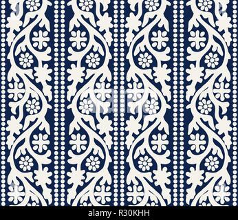 Woodblock printed indigo dye seamless ethnic floral pattern. Traditional oriental ornament of India Kashmir, flowers vertical waves and dots, ecru Stock Vector