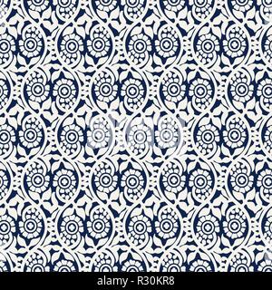 Woodblock printed seamless indigo dye ethnic floral pattern. Traditional oriental ornament of India, ogee motif with flowers, ecru on navy blue Stock Vector
