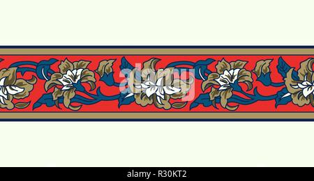Woodblock printed seamless indigo dye ethnic floral border. Traditional oriental ornament of India, garland motif with golden peony flowers, on red Stock Vector