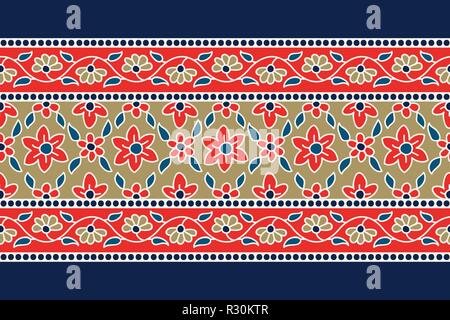 Woodblock printed indigo dye seamless ethnic floral border. Traditional oriental ornament of India, garland motif with primitive red and gold flowers Stock Vector