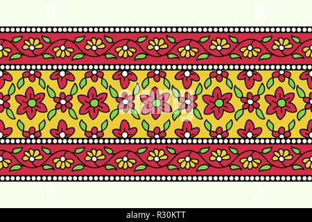 Woodblock printed seamless ethnic floral border. Traditional oriental ornament of India, garland motif with primitive red and yellow flowers. Stock Vector